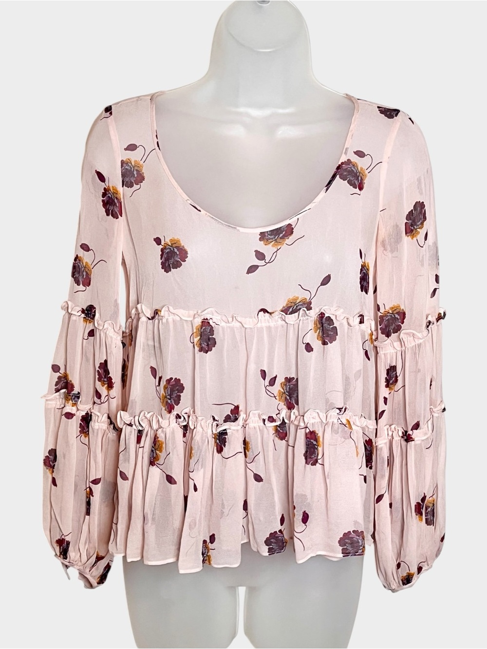 CINQ À SEPT 5a7 Blush Pink Floral Sheer Tiered Boho Blouse XS Romantic Feminine - Picture 2 of 4